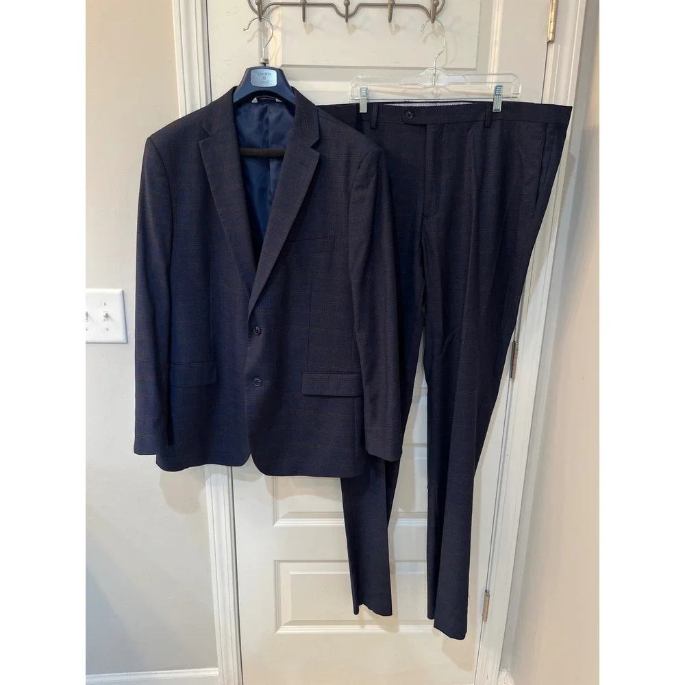 Kilburne Finch Mens Blue Plaid Tailored Fit 2 Piece Suit 48L 42W 39L Unaltered